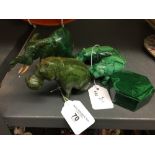 20th cent. Malachite Hippopotamus family, an elephant a/f & a green trinket pot.