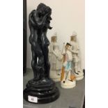 Ornamental Figures: "Lovers Embrace" on base, resin 15ins. Three Parian ware Musicians 12ins. and