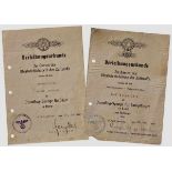 A Grouping of Two Luftwaffe Award Documents Fighter clasp in gold with {200{ pendant,