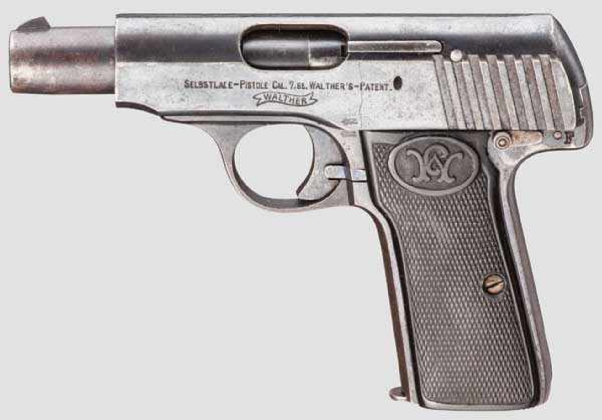 Walther Mod. 4, dritte Ausführung Kal. 7,65 mm, Nr. 58086. Nummerngleich. Blanker Lauf.