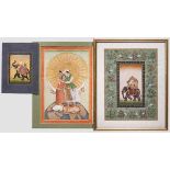 Drei Miniatur-Malereien, Indien, 20. Jhdt. Gouache auf Papier. Darunter eine Kopie der Miniatur