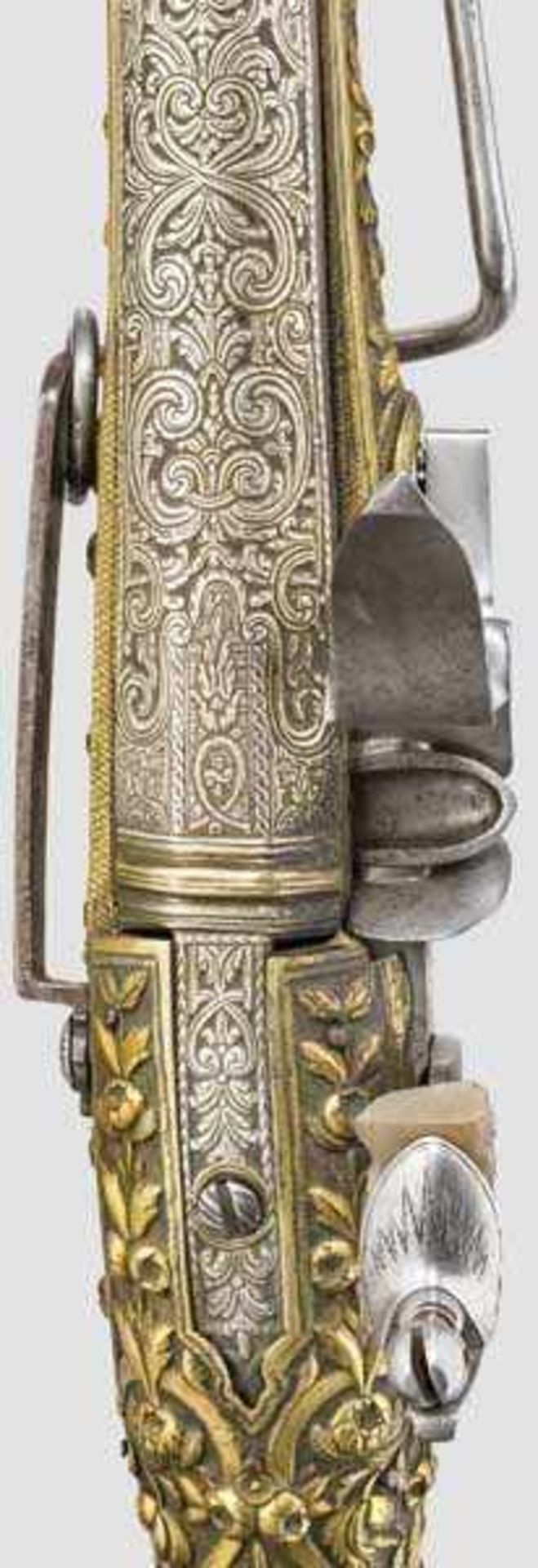 Luxus-Steinschloss-Tromblon mit Schaft aus vergoldetem Silber, osmanisch um 1810 Achtkantiger, in - Bild 6 aus 8