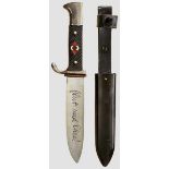 A Model 1938 Knife for Hitler Youth Maker Anton Wingen Jr, Solingen. Polished blade etched with