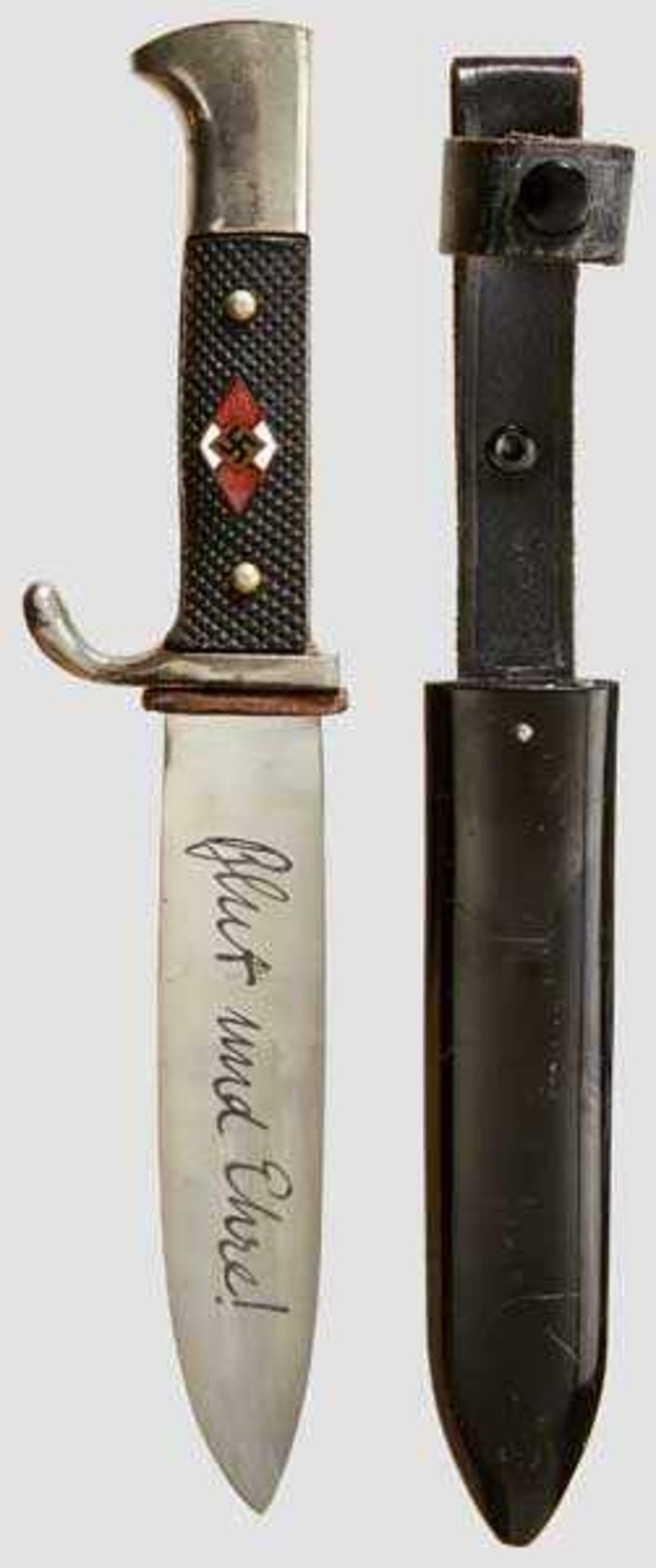 A Model 1938 Knife for Hitler Youth Maker Anton Wingen Jr, Solingen. Polished blade etched with