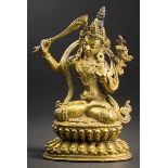 Manjushri Bodhisathva, Tibet, 18. Jhdt. Fein gravierte und ziselierte Bronze mit Feuervergoldung.