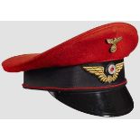 A Visor Hat for Officer of the Eisenbahn Red wool, black BEVO center band, red piping, gold aluminum