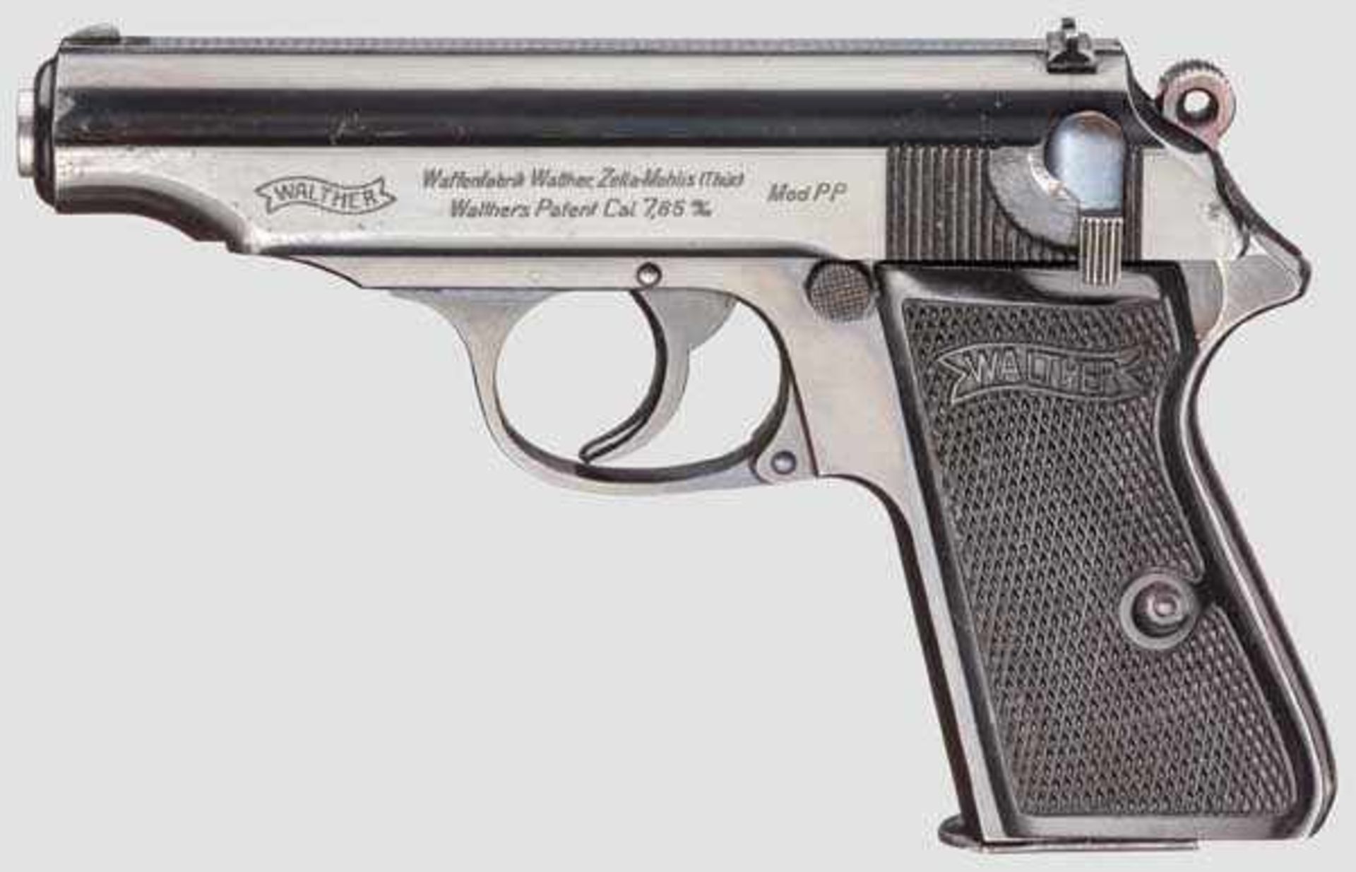 Walther PP, ZM Kal. 7,65 mm, Nr. 898296. Blanker Lauf. Achtschüssig. Beschuss Krone/N. Fertigung