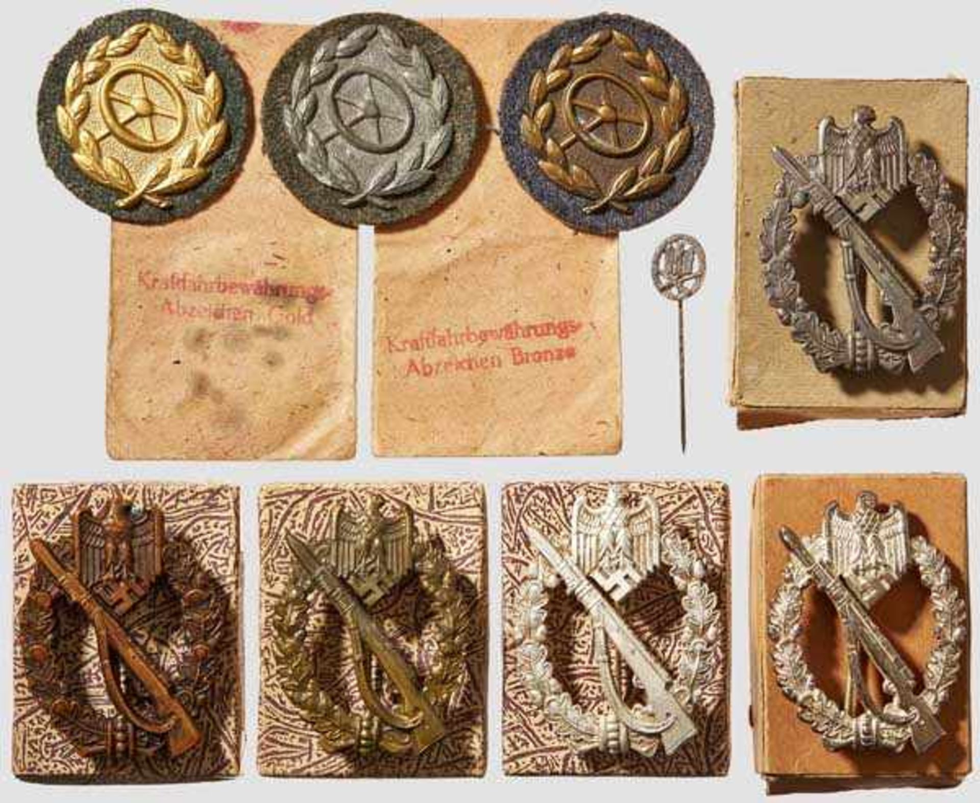 A Collection of Infantry Assault Badges and Driver's Proficiency Badges Two bronze grades unmarked