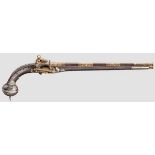 Silbermontierte Miquelet-Pistole, Kaukasus um 1840 Runder, leicht gegrateter Damastlauf mt glatter
