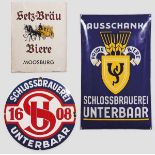 Drei Emailleschilder Brauereiwerbung {Setz Bräu{, abgekantetes Schild der bayerischen Brauerei aus