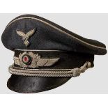 A visor hat for officers of the Luftwaffe Blue-grey gabardine, black mohair centre band (broke in