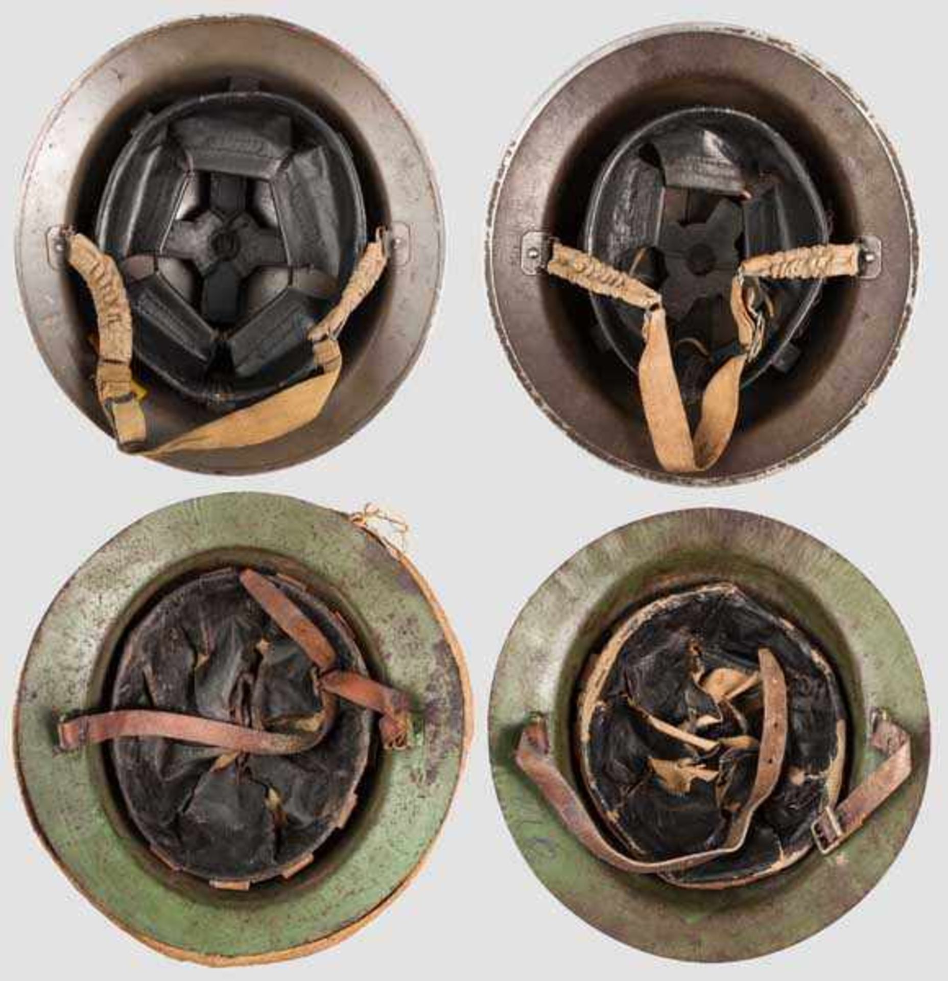 Vier Stahlhelme {Brodie{ Olivgrün lackierte Stahlglocke (Stempel {HBH 1939{), schwarzes - Bild 2 aus 2