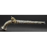 Goldeingelegte Miquelet-Pistole, Kaukasus um 1830/40 Konischer, leicht gegrateter, runder Damastlauf