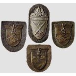 Four Campaign Shields Sleeve shields {Kuban{, {Demjansk{ and two {Krim{. All on field gray army