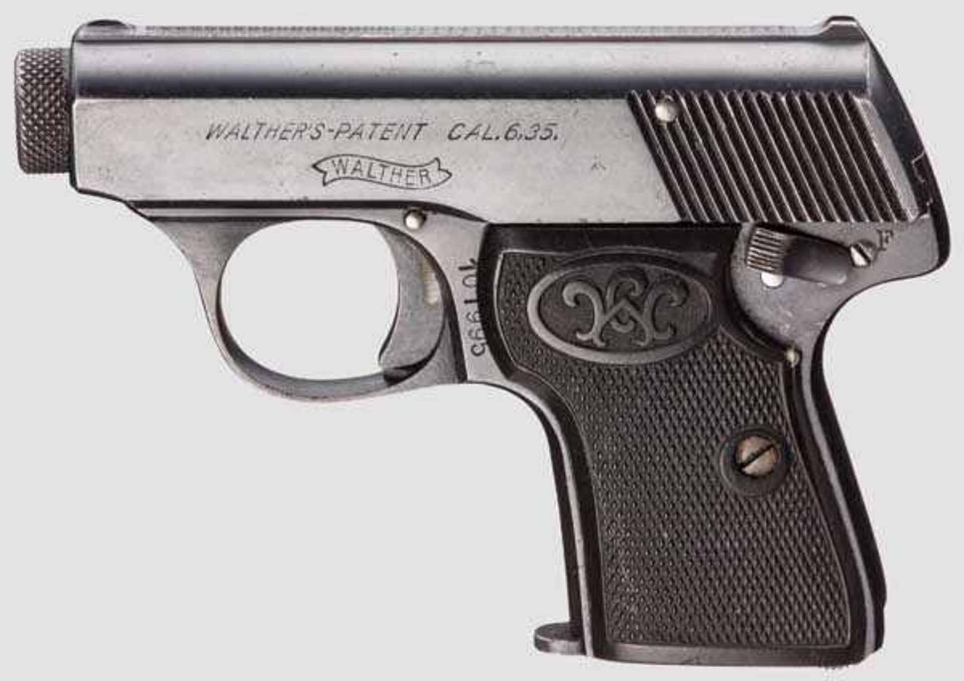 Walther Mod. 5, 3. Ausführung Kal. 6,35 mm, Nr. 101995. Nummerngleich. Blanker Lauf.