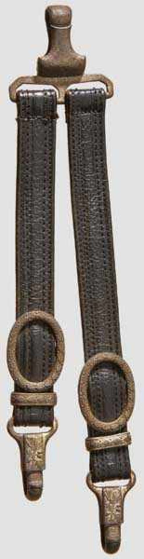 A Pair of RLB Leader's Dagger Hangers Black leather straps, silver-plated metal round buckles and