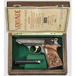 Walther PPK, Ulm, Jubiläumsmodell {50 Jahre Walther{, in Schatulle Kal. 9 mm kurz, Nr. CW 420.