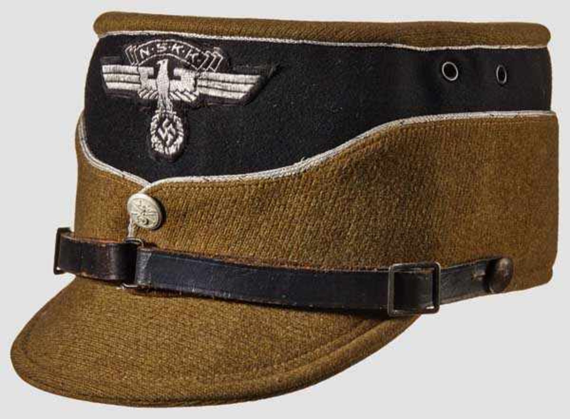 A Kepi for an NSKK Leader Olive brown gabardine body and visor, black wool band, silver wire piping,