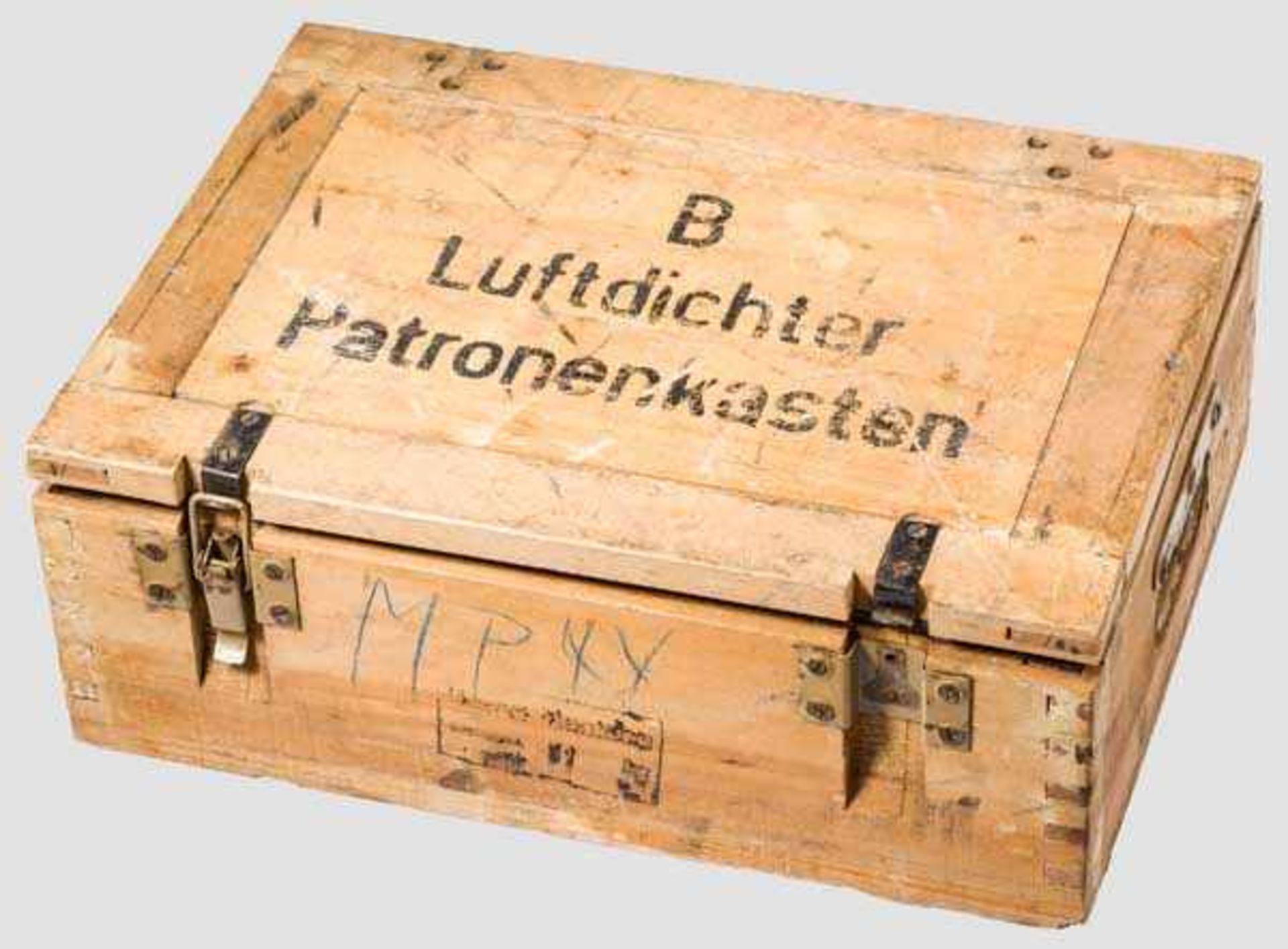 Luftdichter Patronenkasten für Pistolenpatronen 43 (8 x 33) Buchenholzkasten in den Maßen ca. 49 x