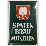 Emailleschild {SPATEN BRÄU{ Gewölbtes Schild der Münchner Brauerei um 1950. Titan-Email, Münchener