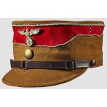 A Kepi for an SA Leader Tan gabardine body and visor, red wool band, silver wire piping, silvered