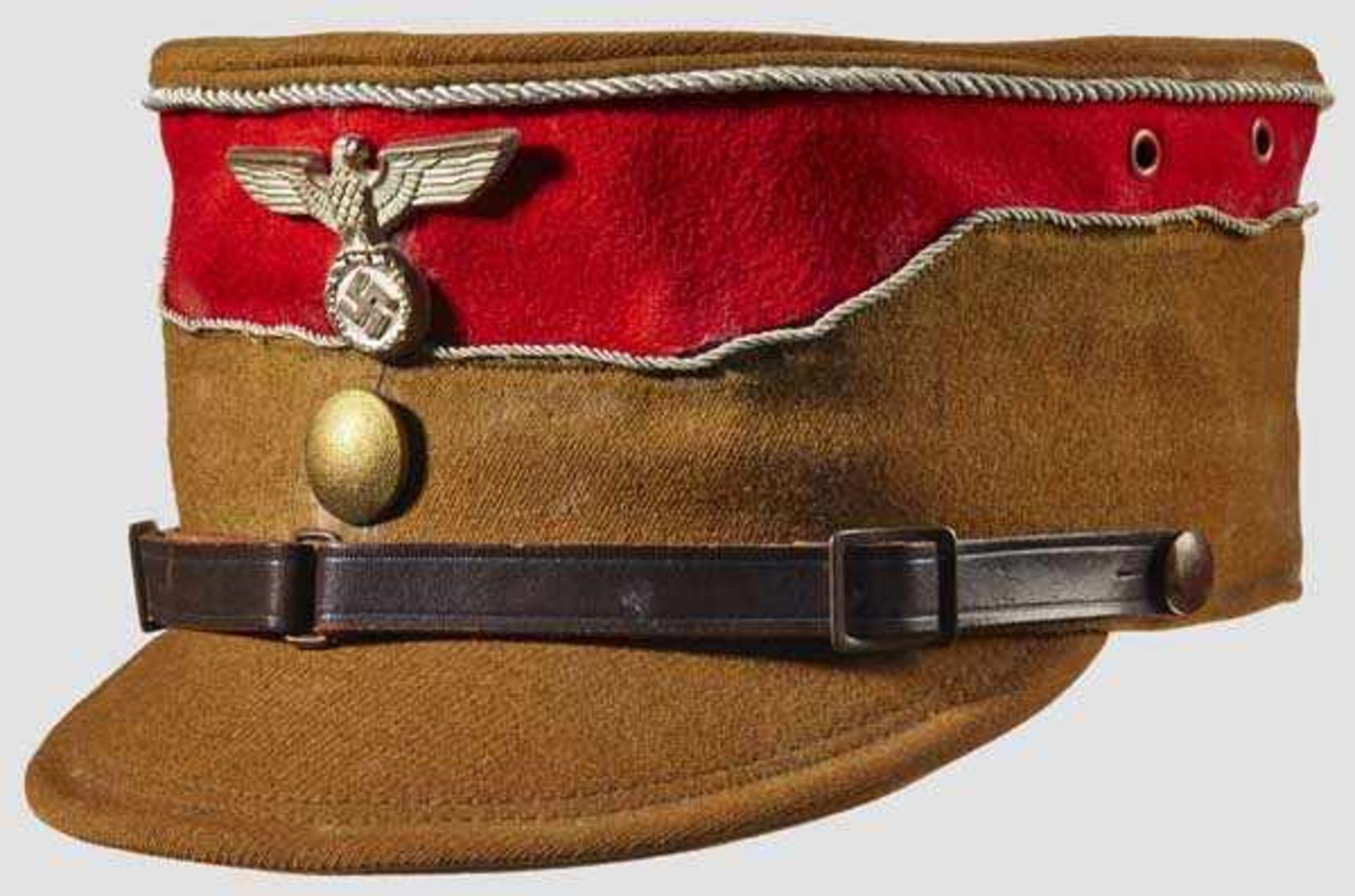 A Kepi for an SA Leader Tan gabardine body and visor, red wool band, silver wire piping, silvered