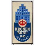 Emailleschild { KRONENBRÄU 1485{ Flaches Schild der Lüneburger Brauerei aus den 30er Jahren.