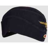 A Side Cap for Enlisted Man of the Kriegsmarine Blue wool, hand-stitched BEVO eagle and cockade,