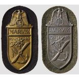 Two Narvik Campaign Shields Naval in lightly worn, gilded zink on dark blue cloth backing with