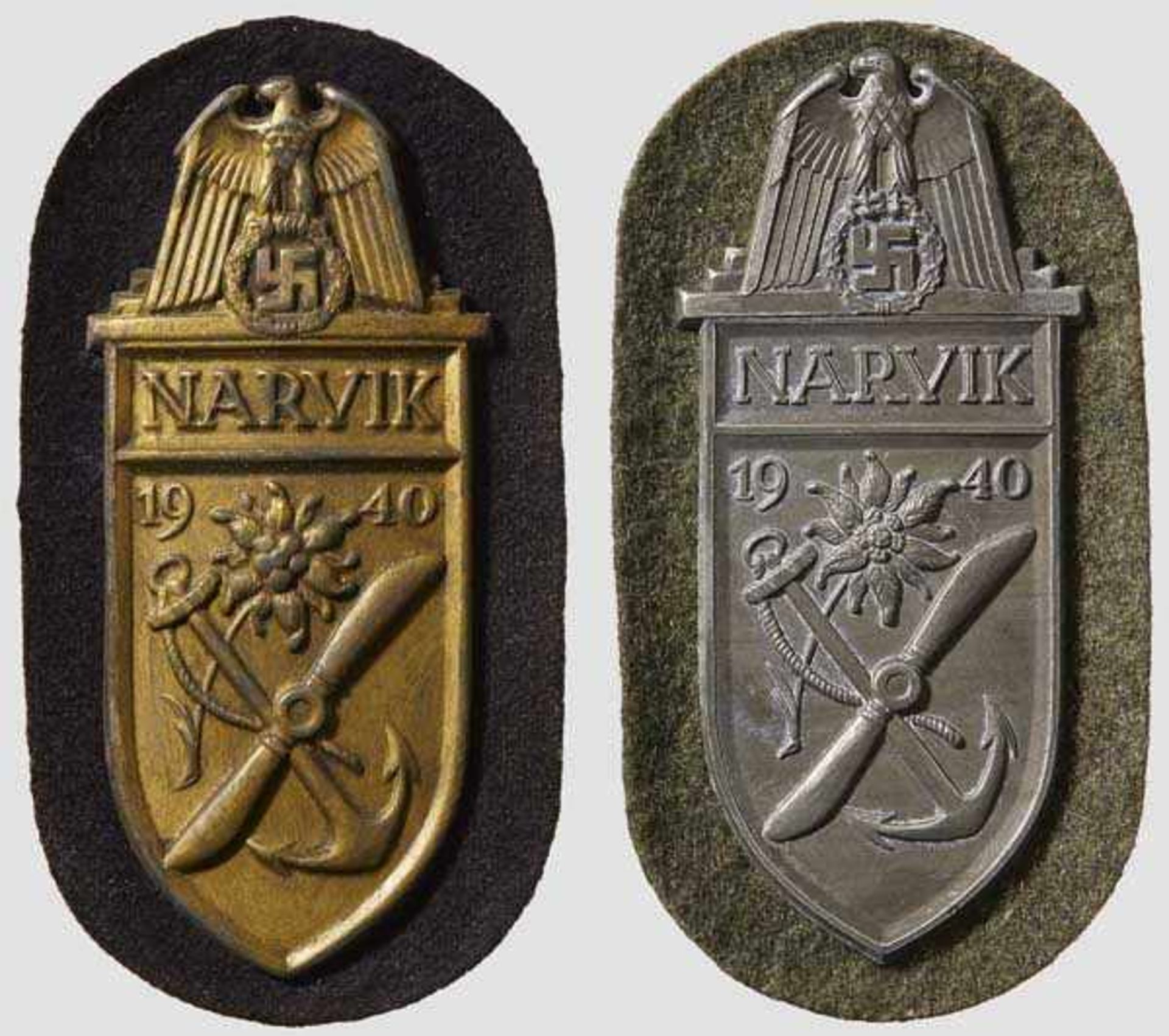 Two Narvik Campaign Shields Naval in lightly worn, gilded zink on dark blue cloth backing with