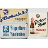 Drei Emailleschilder Münchner Brauereien {Augustiner Flaschenbiere{, gewölbtes Schild der 30er