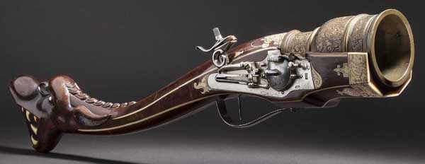 Bedeutendes Luxus-Granatgewehr, süddeutsch um 1610/20 Becherförmiger Mörserlauf aus Bronze mit