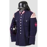 Uniformensemble für Angehörige der Spielmannszüge der Schwendter Feuerwehr Schirmmütze aus feinem,