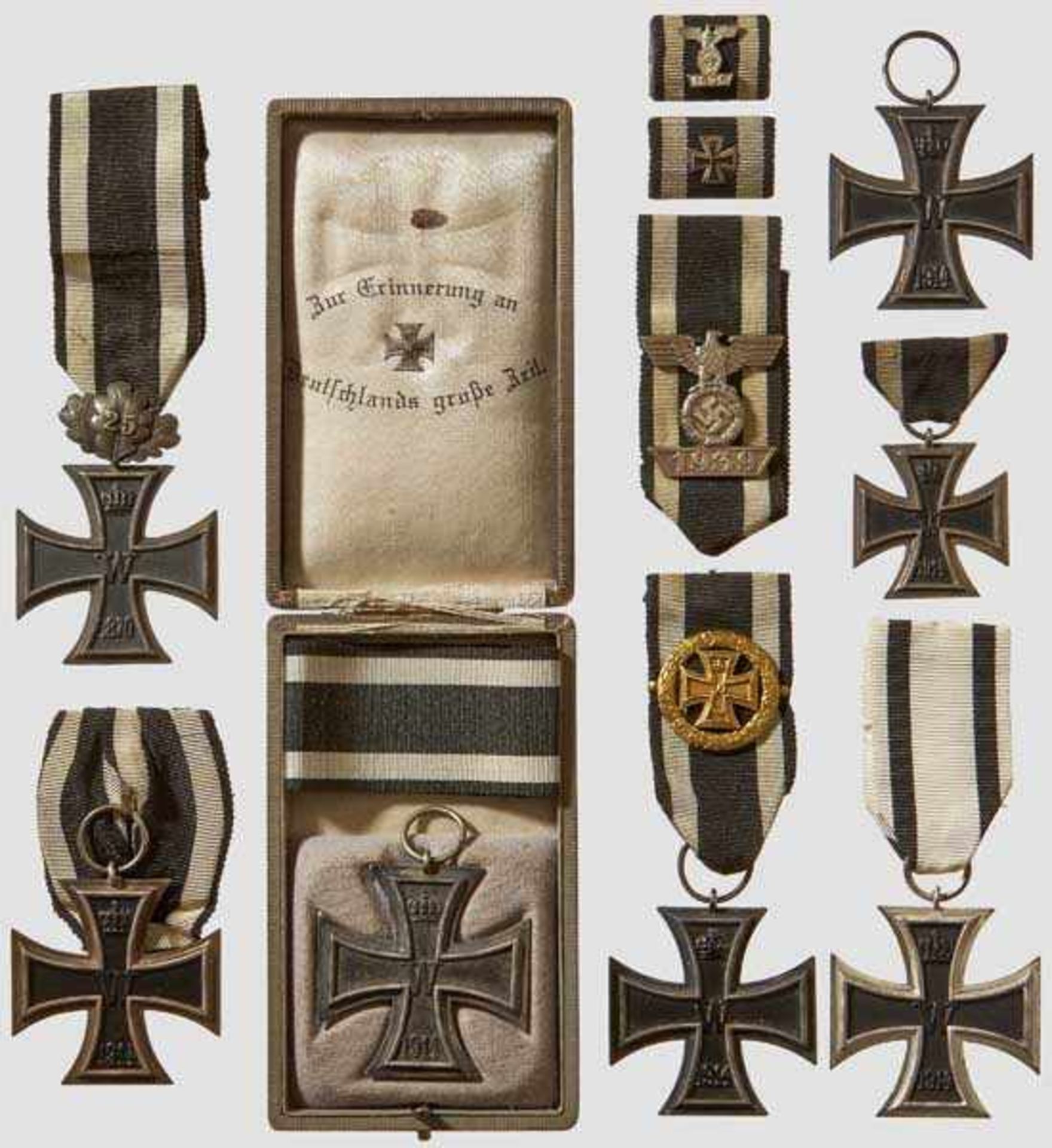 A Collection of Seven Iron Crosses 1914 II Class Black lacquered magnetic cores in silvered