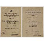 A Grouping of Five Award Documents Krim Shield, Grenadier Kolf, 16.12.1942. Africa cuff title,
