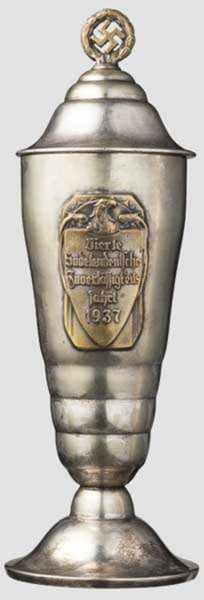 Deckelpokal "Vierte Sudetendeutsche Zuverlässigkeitsfahrt 1937" Neusilber und Messing, versilbert,