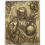 Reliefplatte, {Salvator Mundi{, Antwerpen um 1600 Rechteckige Platte aus Messingblech mit