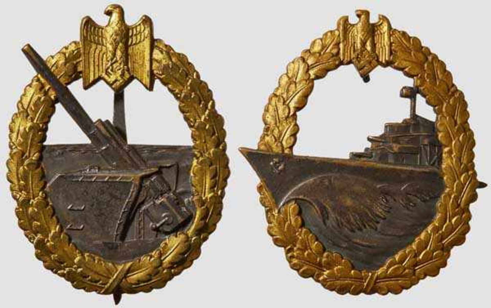 Destroyer and Costal Artillery War Badges Gilded and silvered tombak destroyer with horizontal