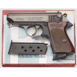 Walther PPK-L, Ulm, im Karton Kal. 7,65 mm, Nr. 522037. Nummerngleich. Blanker Lauf. Siebenschüssig.