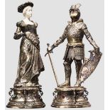 Silbernes, elfenbeinverziertes Figurenpaar im Renaissance-Stil, deutsch, 19. Jhdt. Jeweils stehende,