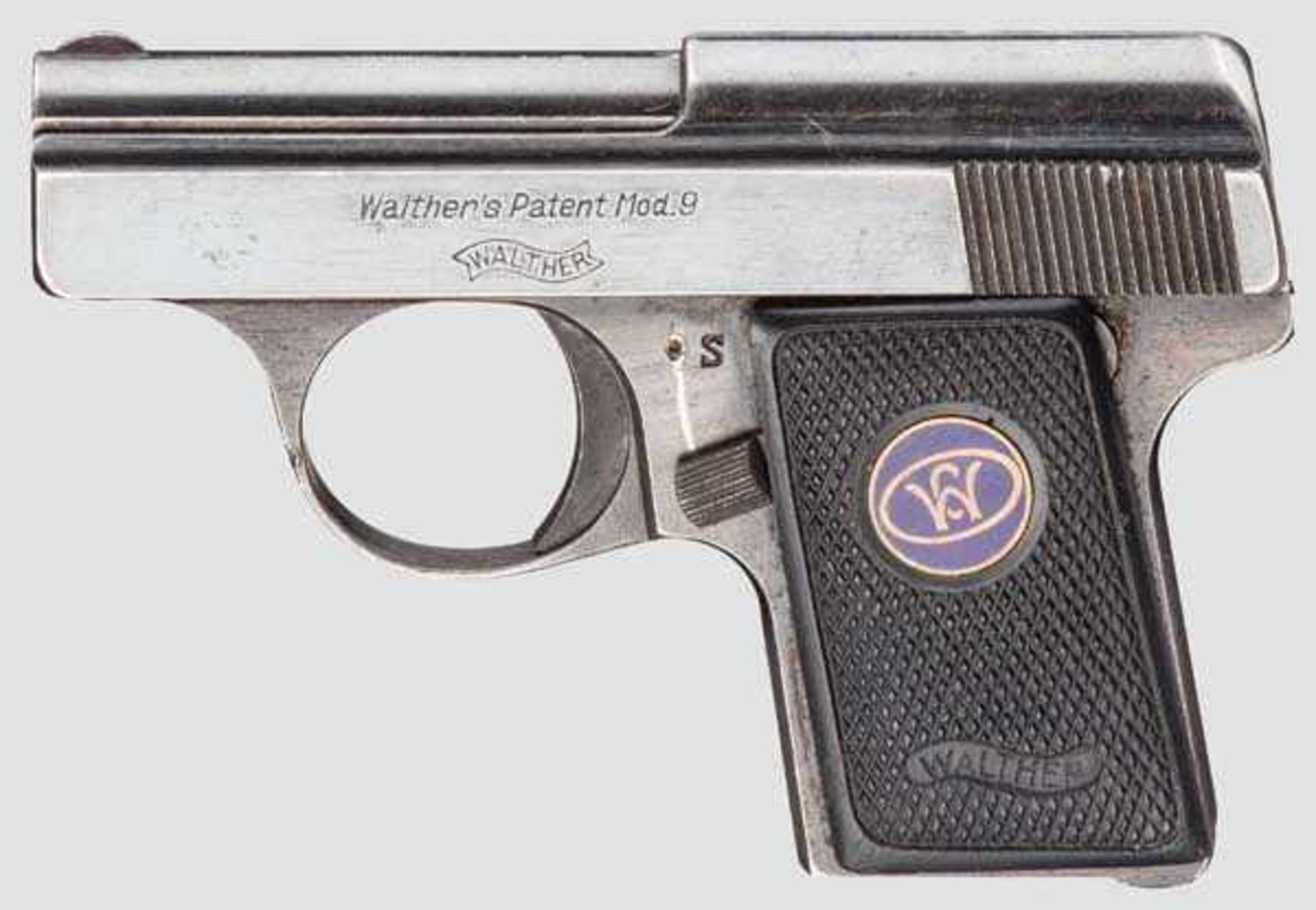 Walther Mod. 9, 1. Ausführung Kal. 6,35 mm, Nr. 416119. Nummerngleich. Blanker Lauf.