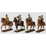 4 Lineol Mounted Personality Figures Lineol, 7cm series, Mussolini, Hindenburg and two figures