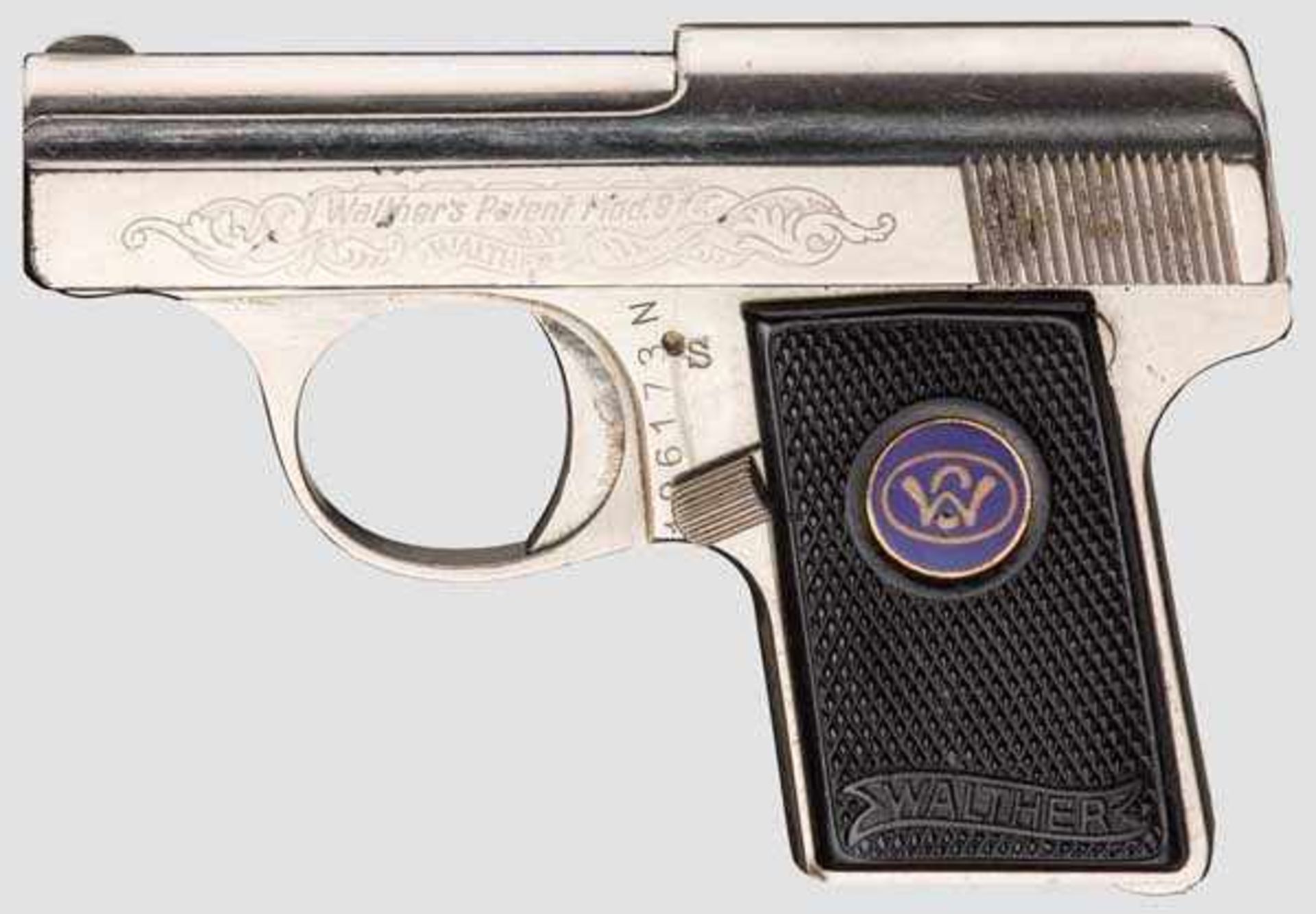 Walther Mod. 9b, vernickelt, graviert Kal. 6,35 mm, Nr. 196173N. Blanker Lauf. Sechsschüssig.