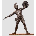 Antiker Speerwerfer, 19./20. Jhdt. Bronze, patiniert, unsigniert. Nackter antiker Krieger mit Helm