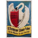 Blechschild {Dr. Thompson's Schwan-Pulver{ Geprägtes, flach gewölbtes Schild der 20er Jahre.