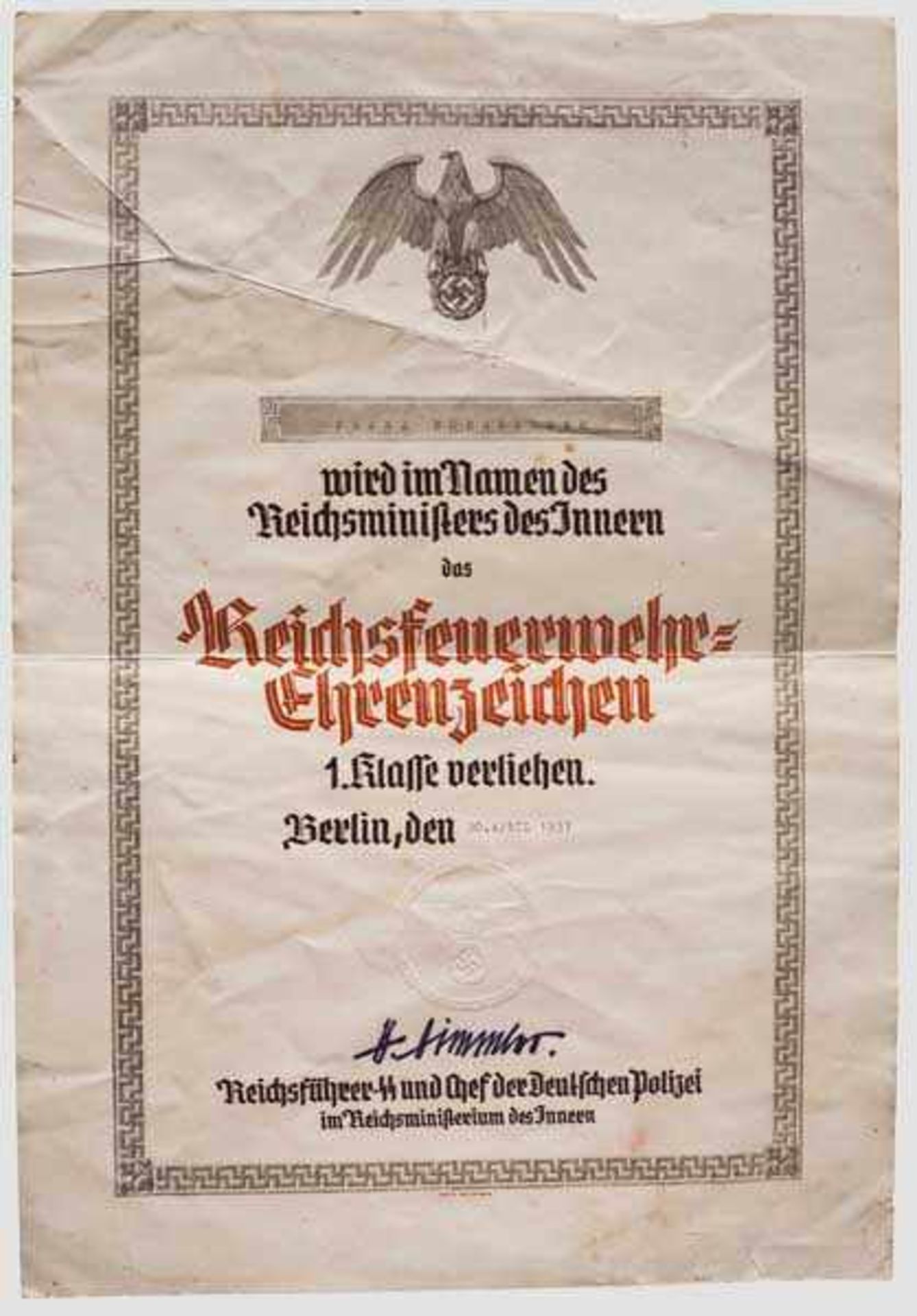 Verleihungsurkunde zum Reichsfeuerwehr-Ehrenzeichen 1. Klasse vom 20.4.1937 Große Schmuckurkunde zum