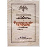 Verleihungsurkunde zum Reichsfeuerwehr-Ehrenzeichen 1. Klasse vom 20.4.1937 Große Schmuckurkunde zum