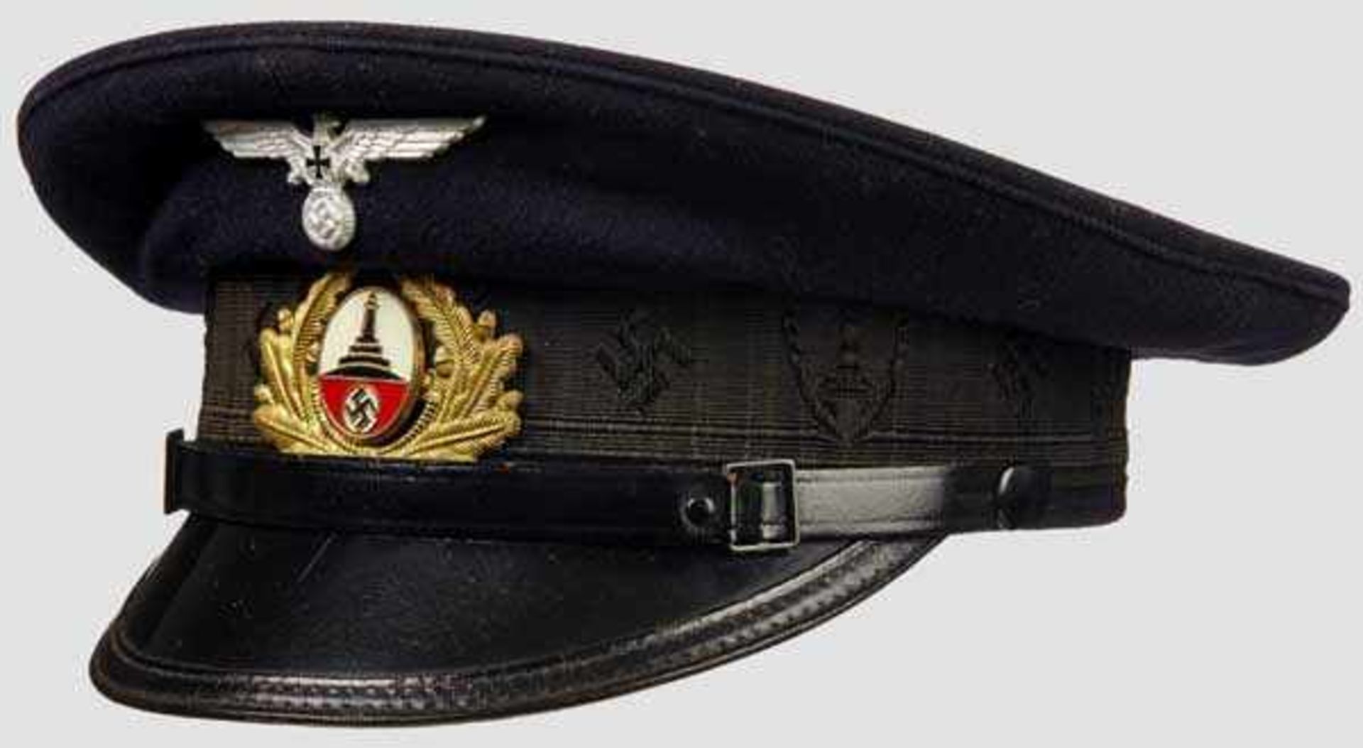 A Visor Hat for Officer of a Veterans' Organization Dark blue wool, Bevo black silk center band with