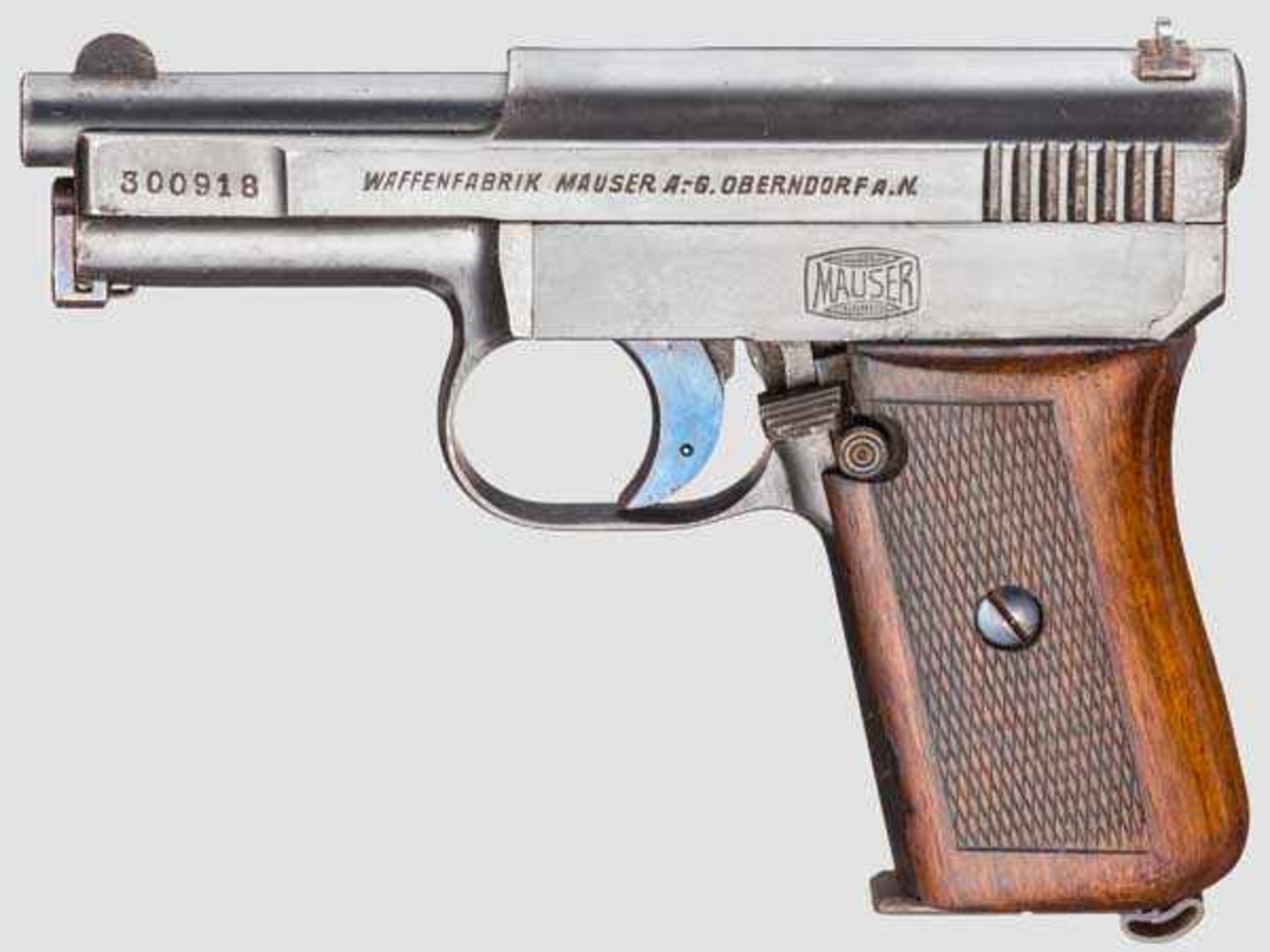 Mauser Mod. 1910 Kal. 6,35 mm, Nr. 300918. Nummerngleich. Fast blanker Lauf. Neunschüssig.
