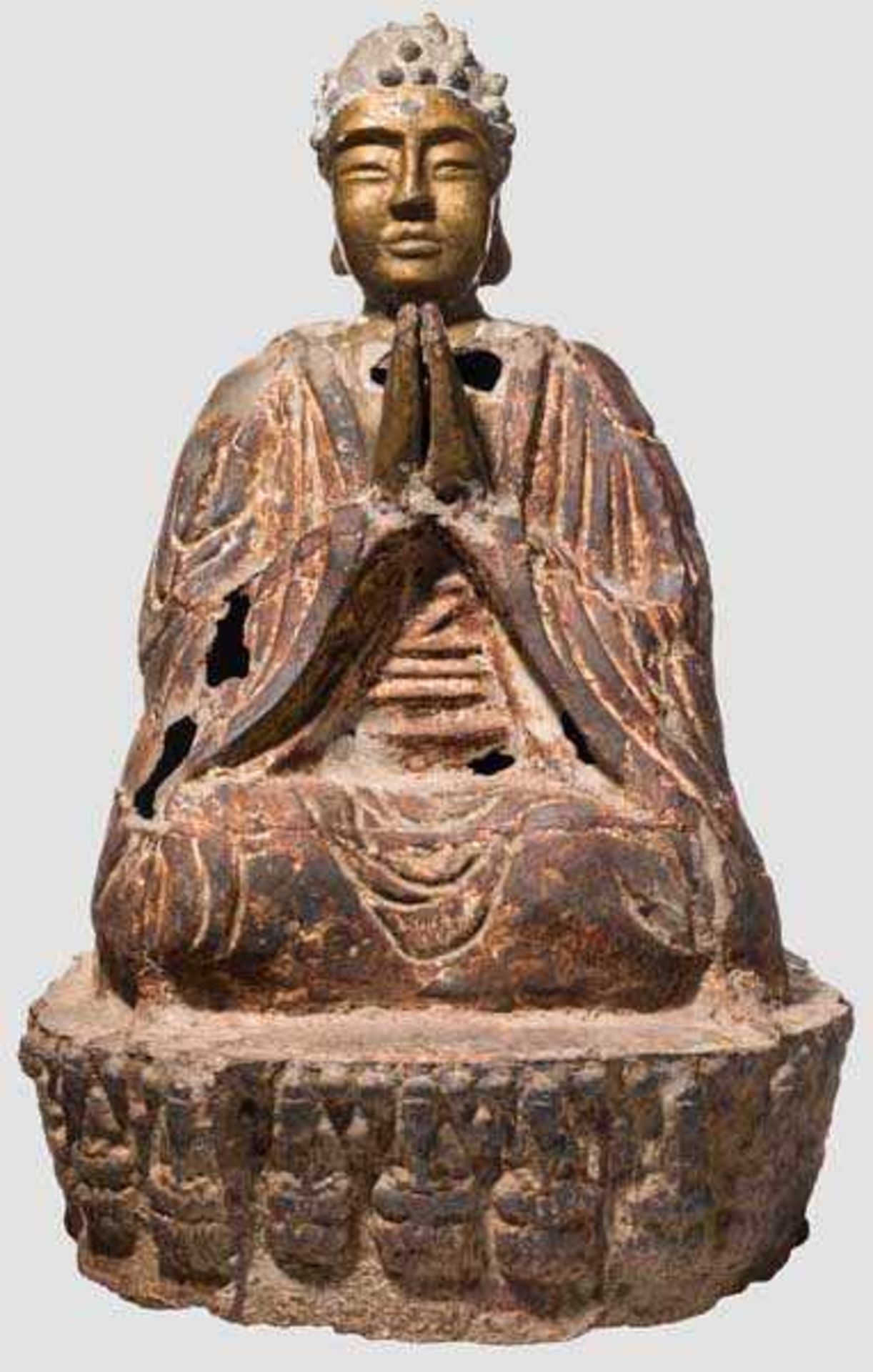 Eiserner Buddha, China um 1600 Eiserner Buddha im Lotussitz, die Hände im Anjali Mudra, auf einem - Bild 2 aus 6